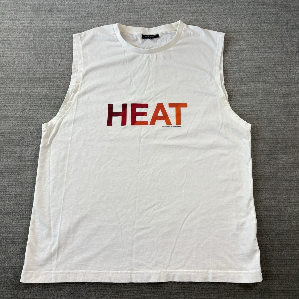Ron Dorff White Tank Top Men L White "Heat" Graphic Muscle Tee Crew Neck Gym